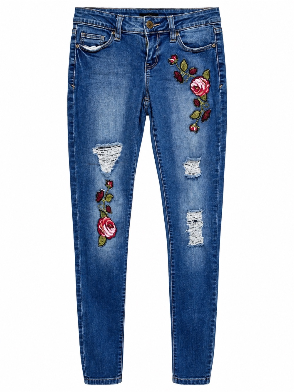 YMI USA Juniors 3 Skinny Jeans Floral Embroidered Ripped Distressed Denim